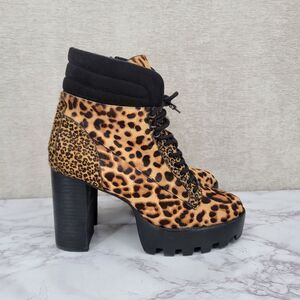 Gianni Bini Leopard Print Pony Calf Hair Leather Platform Ankle Heeled Boots